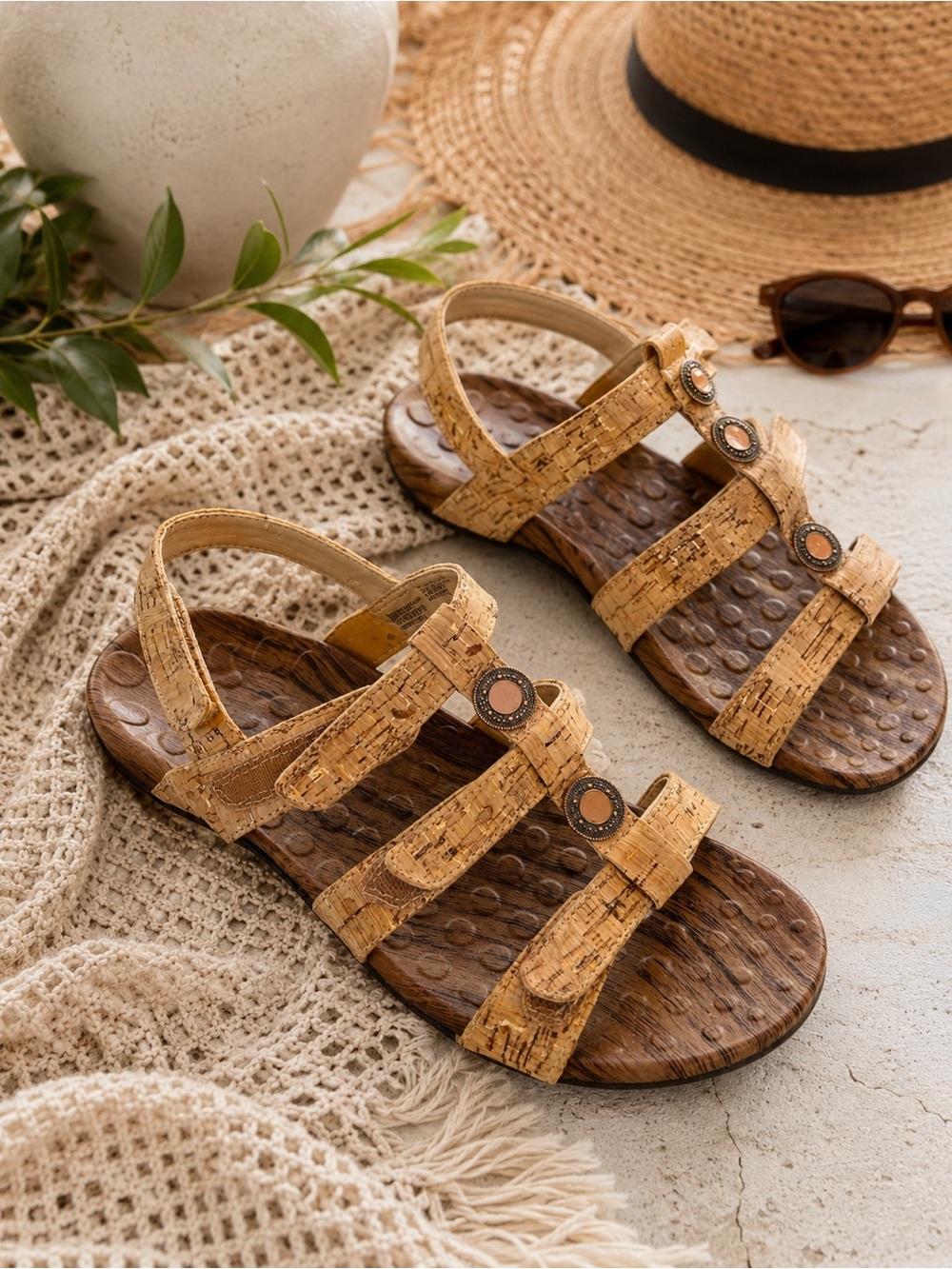 VIONIC AMBER CORK ADJUSTABLE STRAPS FLAT SANDALS SIZE 10